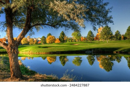  Immerse yourself in the serene beauty of this idyllic autumn scene. A serene lakeside scene with vibrant autumn reflections, framed by a majestic tree and clear blue sky, capturing nature's beauty.   - Powered by Shutterstock