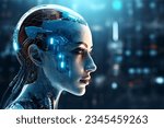 Immerse yourself in the vanguard of technological advancement with our captivating AI-robot face stock image. This meticulously crafted depiction masterfully combines the nuanced realism of human feat