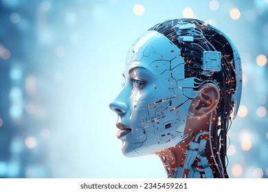 Immerse yourself in the vanguard of technological advancement with our captivating AI-robot face stock image. This meticulously crafted depiction masterfully combines the nuanced realism of human feat