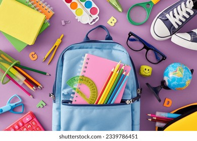 Immersed in the wonders of education for young kids. Top view photo of school stationery, calculator, globe, kids shoes, stylish bag, eyewear, letters on pastel purple background - Powered by Shutterstock