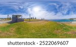 An immersive 360-degree equirectangular panoramic photograph of the Kiama Showground and coastal walk in Kiama in New South Wales, Australia.