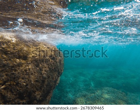 An immersive action camera perspective of the sunlit underwater seascape off the coast of France, a prime spearfishing location.
