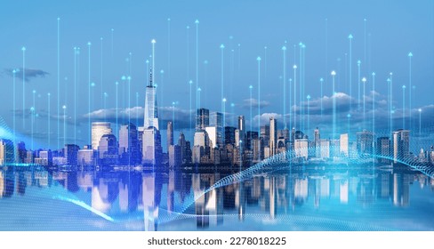 Immersive blurry futuristic arrows smart city interface over New York skyline cityscape mirrored with reflections. Concept of network, communication and internet of things