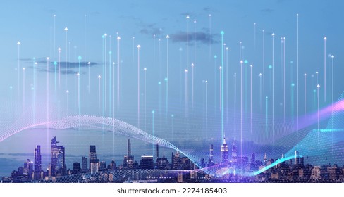 Immersive blurry network interface arrows over new York skyline cityscape. Concept of internet, communication and smart city