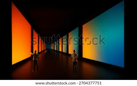 Immersive corridor of glowing gradient screens around people in quiet observation design. Concept of futuristic interface spaces, ambient visuals, next generation display surfaces and backgrounds