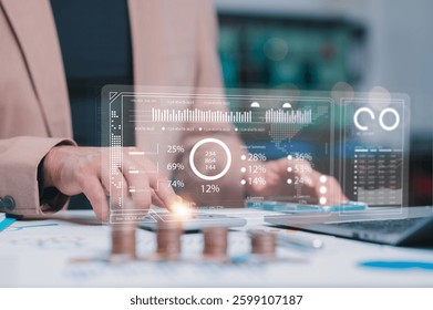 Immersive Data Visualization Person Interacts With Virtual Financial Data Overlay, Analyzing Statistical Percentage Trends On Laptop And Phone Within Data Driven Culture, Boosting Finance Insights