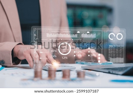 Immersive Data Visualization Person Interacts With Virtual Financial Data Overlay, Analyzing Statistical Percentage Trends On Laptop And Phone Within Data Driven Culture, Boosting Finance Insights