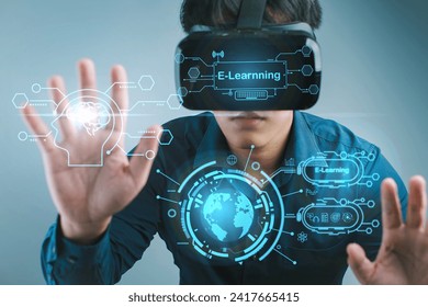 Immersive VR Experience in Global E-Learning : Individual engaged in an immersive virtual reality experience for global e-learning, featuring interactive educational content.