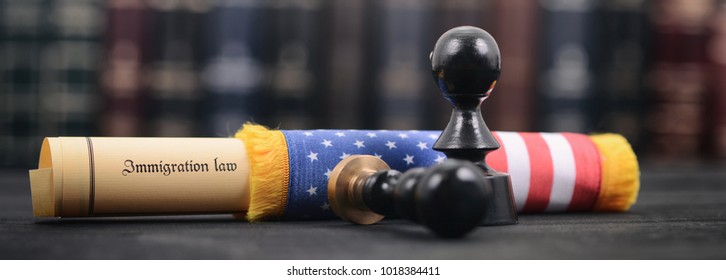 Immigration Law wrapped in a USA flag, Imigration Regulation concept, Notary seals on the wooden background. - Shutterstock ID 1018384411