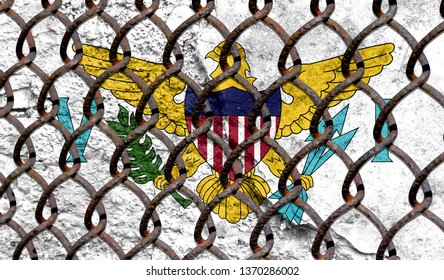 Immigration Policy Regarding Migrants, Illegal Immigrants And Refugees. Steel Grid On The Background Of The Flag Of Virgin Islands Of The United States