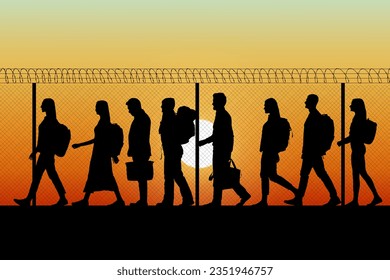 Immigration. Silhouettes of people walking along perimeter fence with barbed wire on top at sunset, illustration - Powered by Shutterstock