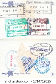 Immigration Stamps Of Brazil, Guatemala, The United States, Belize And Uruguay (anulado - Cancelled) In A French Passport. No Personal Data