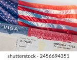 Immigration VISA United States of America. Green Card US Permanent resident for family. Work and Travel documents. US Immigrant. Embassy USA. Visa in passport. U.S.A. Government. U.S. American flag