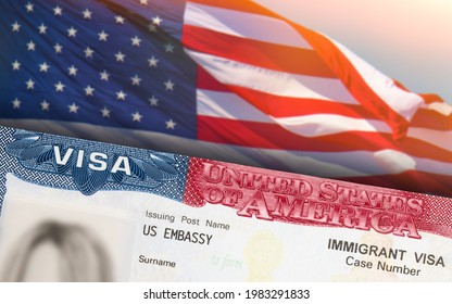Immigration VISA United States of America. Green Card US Permanent resident for family. Work and Travel documents. US Immigrant. Embassy USA. Visa in passport. American government flag on background.  - Shutterstock ID 1983291833