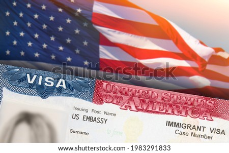 Immigration VISA United States of America. Green Card US Permanent resident for family. Work and Travel documents. US Immigrant. Embassy USA. Visa in passport. American government flag on background. 