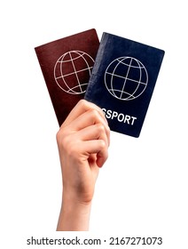 Immigration. Woman Hand Holding Two Passports Isolated On White Background. Multiple, Dual Nationality, Change Of Citizenship, Residency Status. High Quality Photo