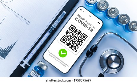 Immune passport. Coronavirus immunity certificate or vaccine passport on smartphone screen with doctor stethoscope, healthcare charts, syringe and medical equipment on hospital white background - Powered by Shutterstock