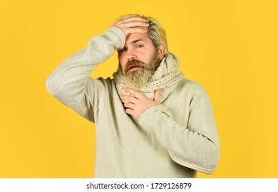 Immune Response Bearded Man Sick. Warm Scarf Around Neck. More Than Just Symptom Of Illness. Hipster Fever. Cold Flu Fever Concept. Body Temperature. Fever And Thermal Regulation Of Immunity.