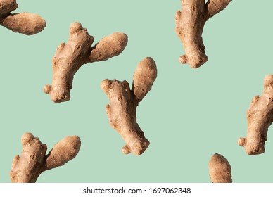 Immunity Boost Ginger Root Pattern On Green Background 