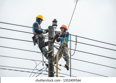 Imogiri, Bantul, Yogyakarta, Indonesia-2018: Two Man Fixing The Power Failure