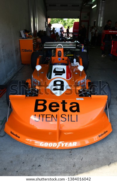 Imola, 27 April 2019: Detail of\
Historic F1 March-Cosworth 751 1976 ex Peterson - Brambilla in the\
box at Minardi Historic Day 2019 at Imola Circuit in\
Italy.