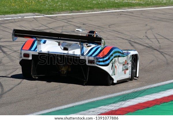 Imola, 27 april 2019: Historic Lancia Martini LC1\
Prototype driving by unknown in action during Minardi Day 2019 at\
Imola Circuit in Italy.