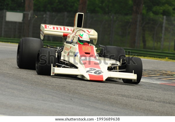 Imola, 6\
June 2012: Unknown run Classic F1 Car 1974 Lola T370 of Embassy\
Hill Racing Team ex Graham Hill - Rolf Stommelen during practice of\
Imola Classic 2012 on Imola Circuit in\
Italy.