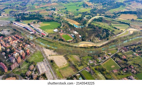 Imola, Italy - 04 06 2022: Aerial view of the Autodromo Internazionale Enzo e Dino Ferrari, a motor racing circuit in the Emilia-Romagna.