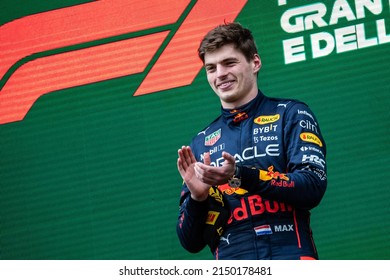 Imola, Italy. 22-24 April 2022. Formula1 World Championship. Grand Prix of Made in Italy and Emilia-Romagna. Max Verstappen, Red Bull, winner of the race, celebrating on the podium.