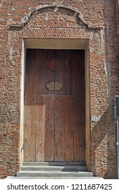 Imola, Italy, Old Saint Agostino Church Main Door With Daily Plenary Indulgence Written In The Frame.