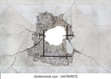 Impact Hole In Reinforced Concrete Wall. Blank Mock-up 