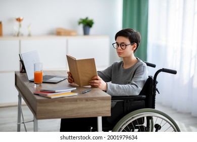 Impaired Teen Boy In Wheelchair Reading Book, Studying Remotely From Home During Covid Lockdown, Preparing For Online Exam, Using Laptop. School Education For Disabled Pupils