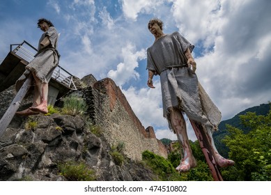 Impalement Scene In Front Of Ruined Poenari Castle On Mount Cetatea In Romania