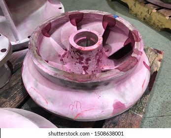 Impeller part disassembly of vertical turbine pump with PT test.