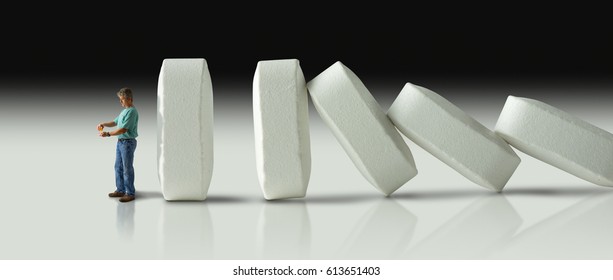Impending doom and demise of man with pharmaceutical opioid pain medication addiction represented by huge row of pills crashing over like dominoes to eventually crush the man. - Shutterstock ID 613651403