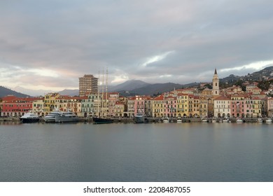 Imperia Oneglia ancient harbour, view from the sea, Italian Riviera, Liguria region - Shutterstock ID 2208487055