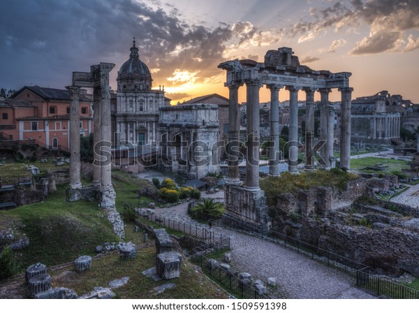 Imperial Fora (Fori Imperiali\
- Imperial Forum) Epic Sunrise. Imperial Fora is situated in the\
Old Rome, it is one of the most famous attraction of the\
Capital.
