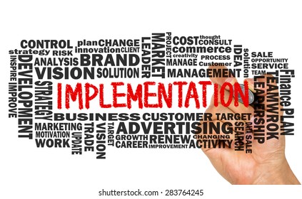 implementation concept with business word cloud on whiteboard