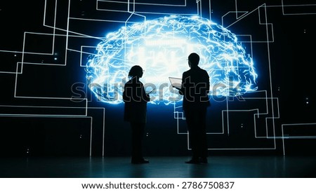 Implementing AI guardrails, devices and engineering team limiting risk of digital autonomous agent, brainstorming, artificial intelligence safety and teamworking colleagues in tech startup, camera A.