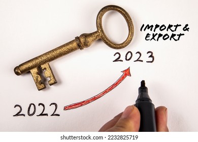 Import and Export concept. Text and a gilded key on a white background.