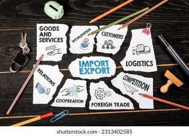 Import and Export Concept. Torn sheet of paper with text and icons and dark wooden background.