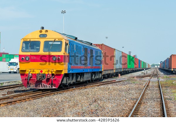 Import, Export, Logistics concept - Cargo\
train platform with freight train container at depot use for\
Import, Export, Logistics\
background\
