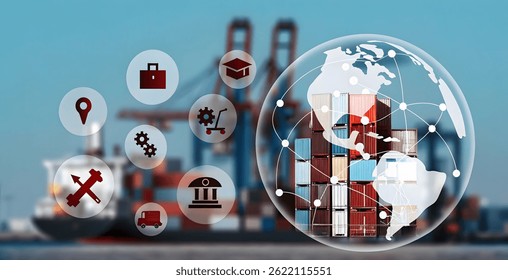Los aranceles de importación aumentan el concepto con símbolos digitales de comercio, impuestos y logística sobre un fondo de red global, crecimiento de los aranceles de Industrial. Los aranceles de importación aumentan, símbolos de divisas globales.