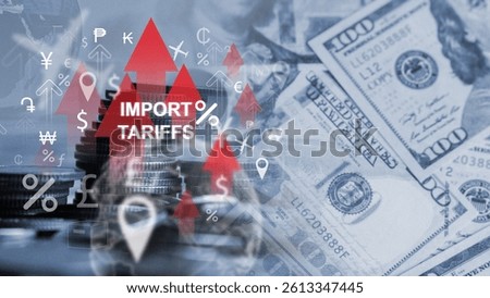 Import tariffs increase concept with digital symbols of trade, tax, and logistics over a global network background, Industrial Tariffs growth.Import Trade Tariffs increase. 