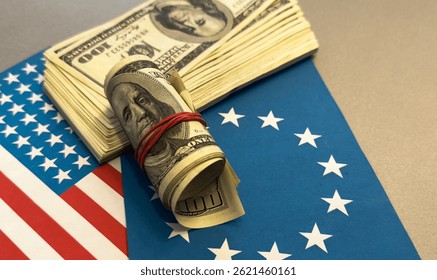 Import Trade Tariffs increase concept with United States of America Flag. Trade wars. flag of the European Union