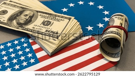 Import Trade Tariffs increase concept with United States of America Flag. Trade wars. flag of the European Union