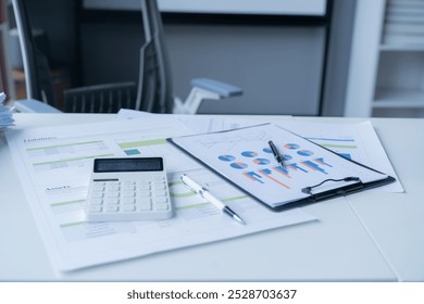 Important accounting data is being analyzed by an accountant in the office. The calculator is showing zero, representing a fresh start for the new fiscal year