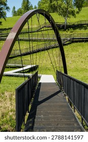 Imposing bridge with arch showcases dramatic perspective and dynamic lines. Architectural structure of narrow arch bridge emphasizing dramatic depth and bold contrast in design