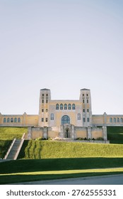 Imposing Building Steps With Shadowed Bands And Lush Terraces