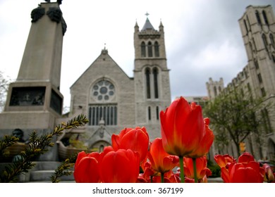 An imposing church facade from a low angle